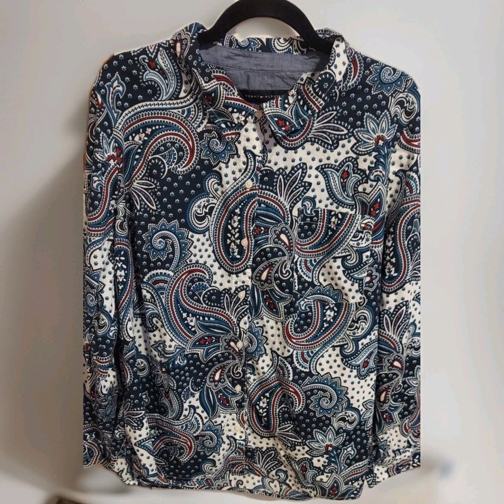 Tommy Hilfiger Womens Button Shirt Paisley Long Roll Tab Sleeve Red Blue XXLT